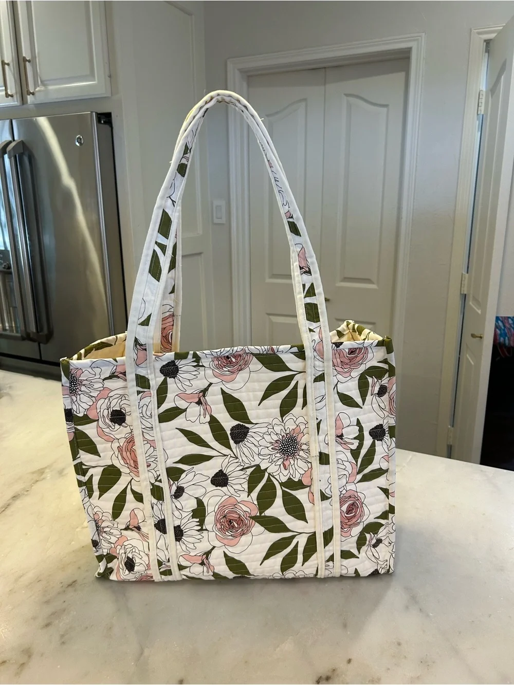 Quilted With Love Floral Quilted Tote Bag - Cream & Olive